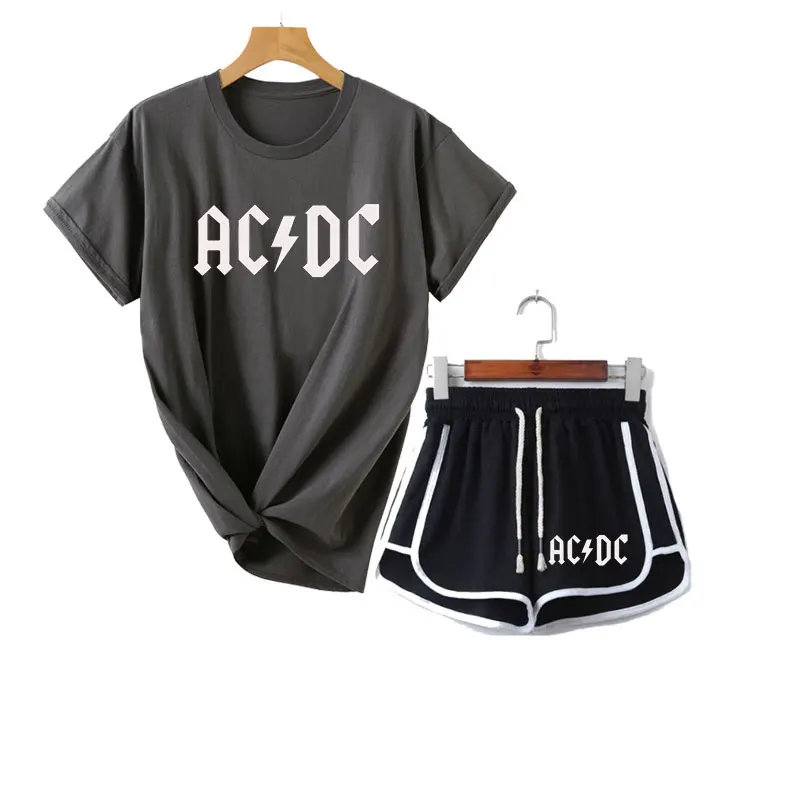 Лето,, женские футболки AC/DC+ шорты, комплект из двух предметов, повседневный спортивный костюм, новинка, мужская повседневная футболка, комплект с брюками для фитнеса - Цвет: Dark gray