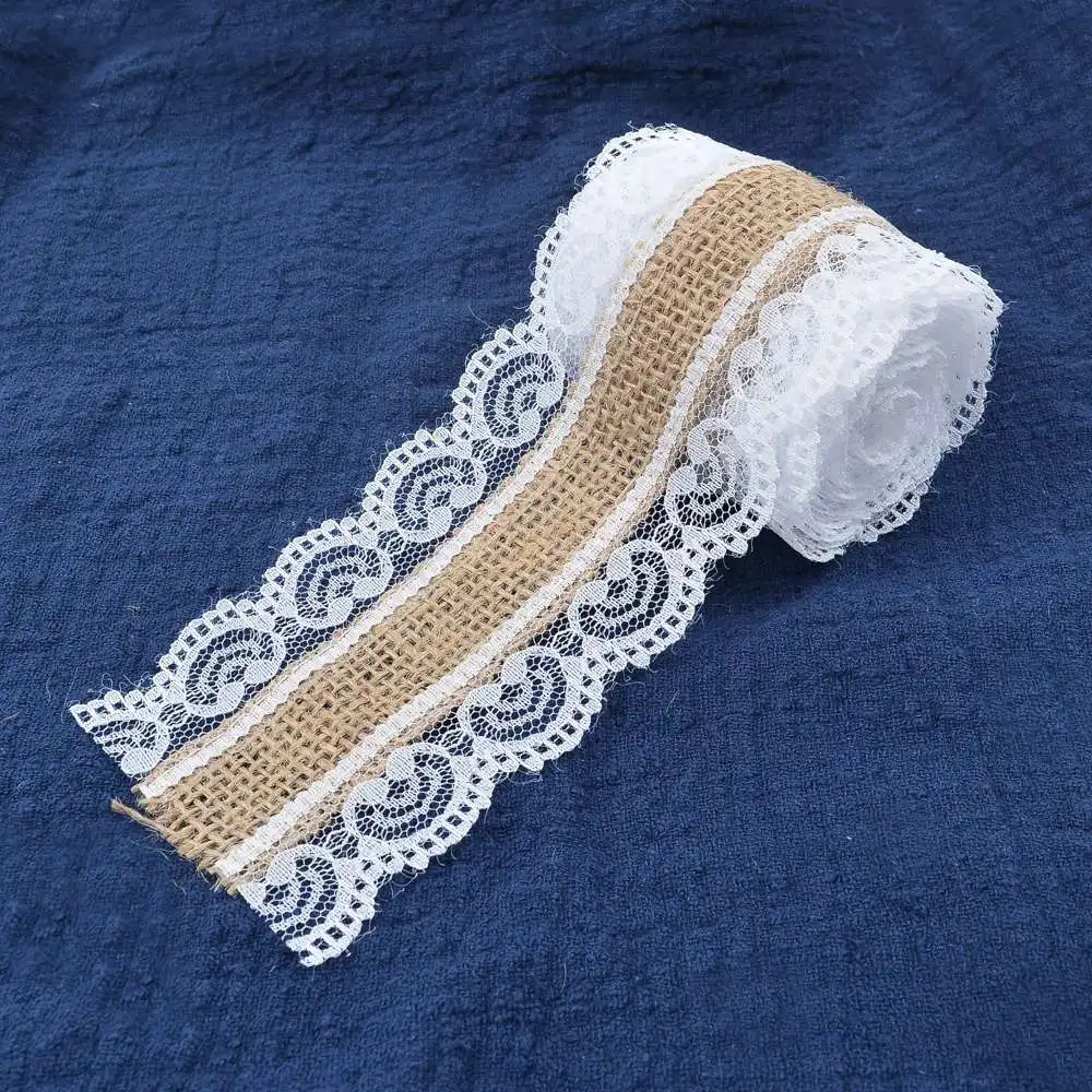 

2M Roll Handmade Lace Linen Roll Elegant White Brown Line Wedding Birthday Holiday Party Decoration DIY Gift Wrapping Tape