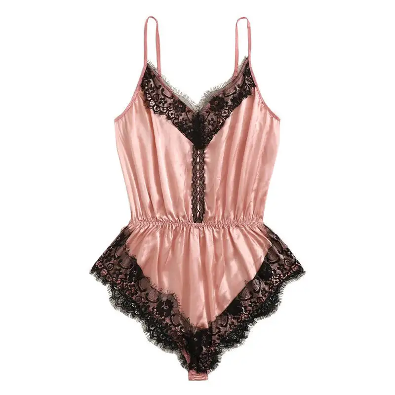 Pink Женское белье сексуальное сиамское ночное белье набор женское кружевное Пятнистое женское нижнее белье с бантиками боди костюм с открытой спиной Шелковый комплект для сна Lenceria 661BRS10 - Цвет: Pink
