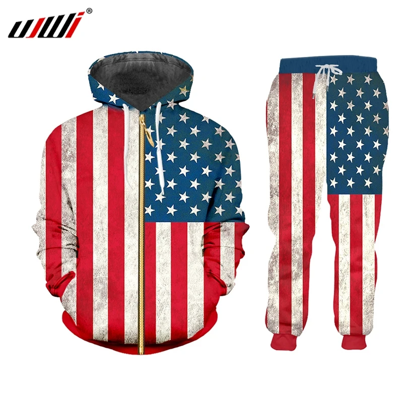 UJWI 2019 Novelty Harajuku 3d American Flag Suit Stars Stripes Print Pants And ZIP hoodie 2 Piece Set Men/women Jogger | Мужская одежда