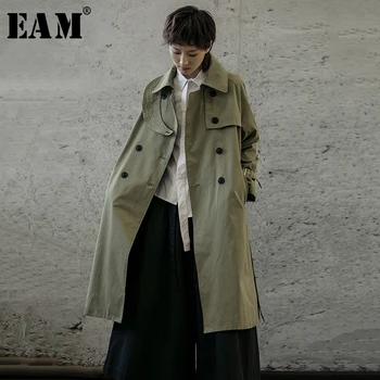 

[EAM] Women Double Breasted Spliced Trench New Lapel Long Sleeve Loose Fit Windbreaker Fashion Tide Spring Autumn 2020 1B206