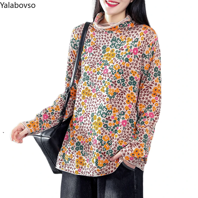 

2019 New Winter Turtleneck Thin Printed Sweater Women's Knit flower printing Shirt Loose Lazy Wind bottoming Shirt for women Z3