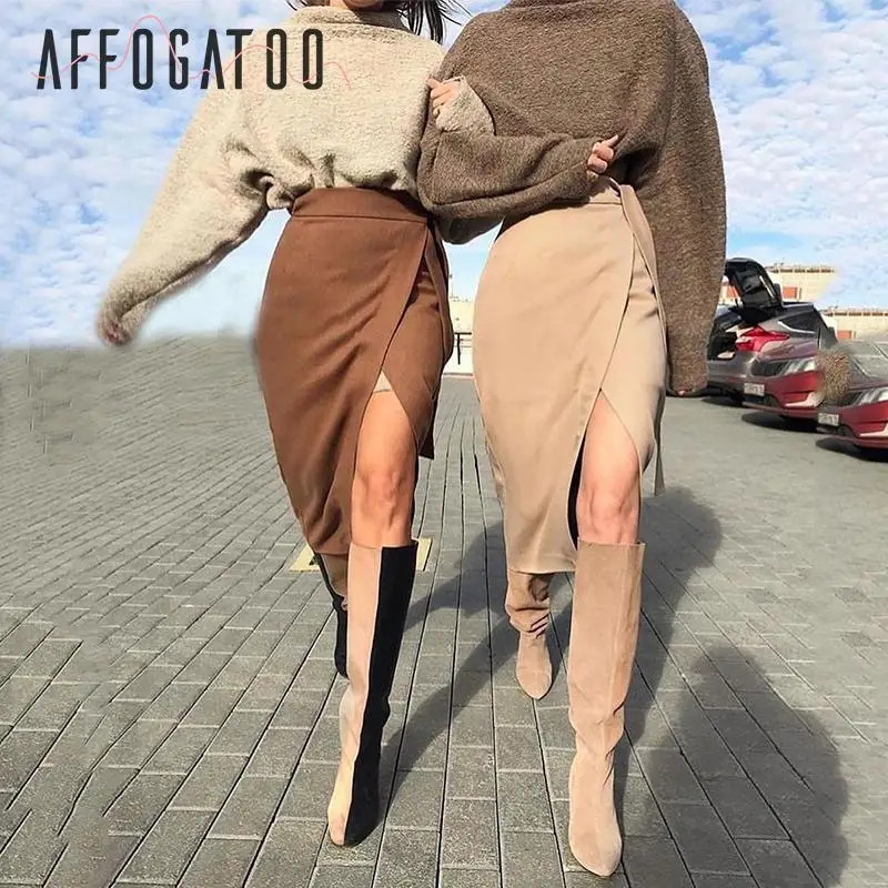 Afogatoo Элегантные замшевые кожаные миди юбки женские повседневные офисные Дамская длинная юбка осень зима Высокая талия сплит женские юбки