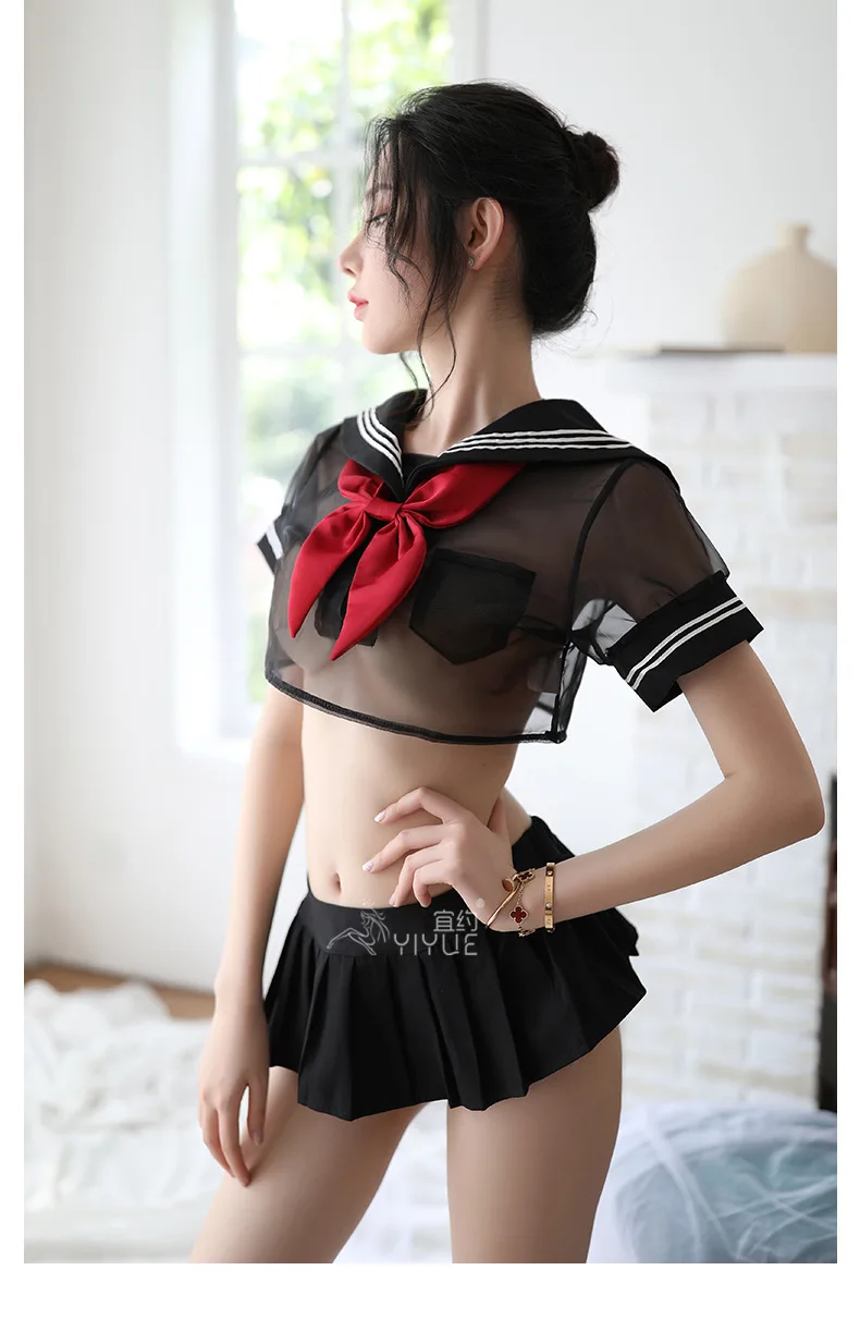 

Sexy Cute Lingerie Cosplay Student Uniform Woman See-through Short Top And Pleated Skirt Suit Uniform Seduction Student Suit