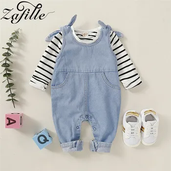 

ZAFILLE Baby Girl Clothes Set Shouldrer Stitching Stripe Top Jeans Overalls Suits For Newborn Outfits For 0-18M Children Clothes