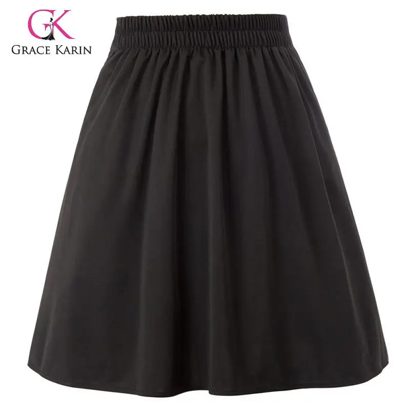 Grace Karin Женская эластичная юбка с высокой талией, плиссированная расклешенная трапециевидная юбка с пуговицами, украшенная элегантной черной юбкой, Женская юбка s