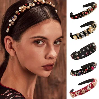 

Ethnic Wide Hair Hoop Glitter Rhinestone Imitation Pearl Leaves Shape Hai Hoop Banquet Prom Party Vintage Women Luxury Jewelry