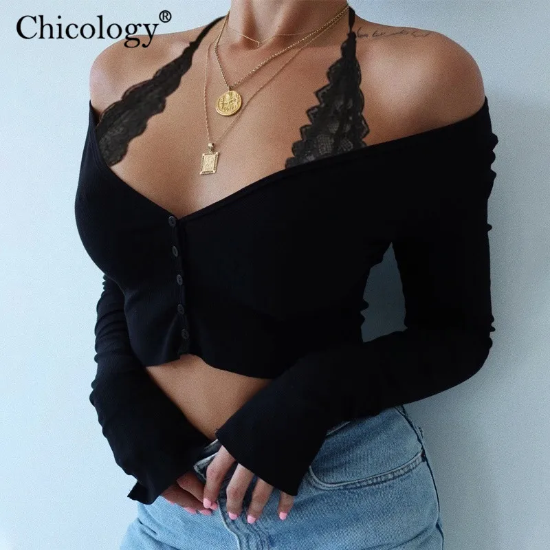 Chicology кружевной вязаный короткий топ футболка кардиган с длинным рукавом