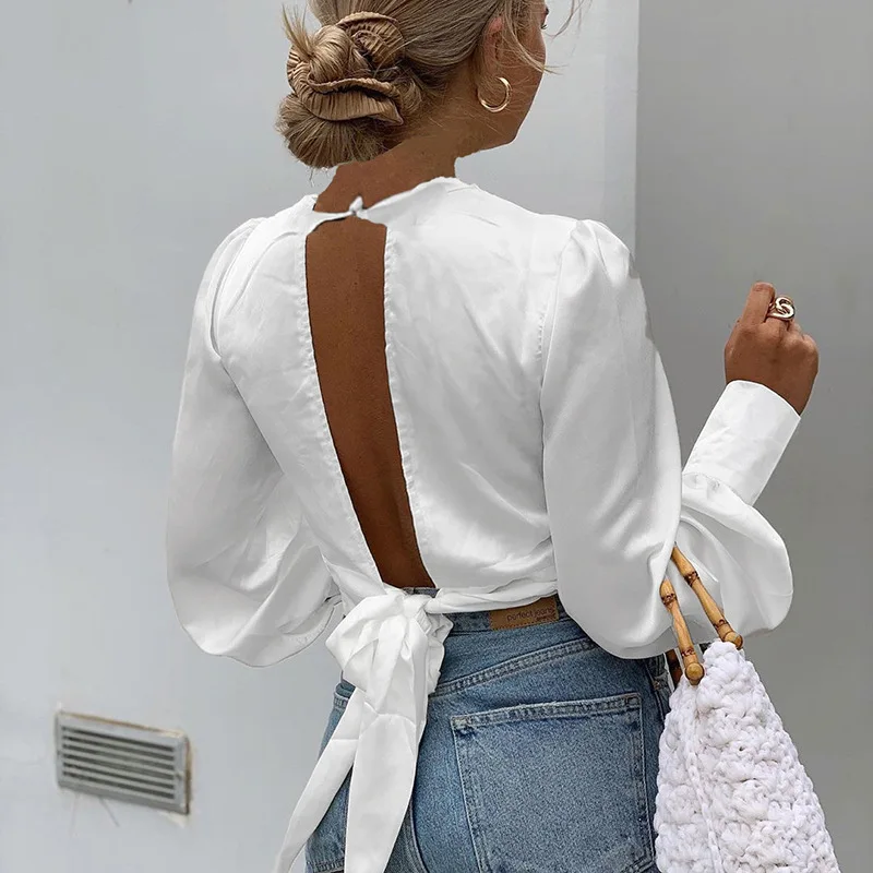 

Vintage Long Sleeve Short T Shirt Women 2019 Sexy White Tshirt In Back Hollow Out Solid T-shirt Elegant Party Crop Top Ladies