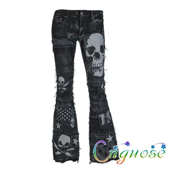 

2020 New Punk Retro Style Skull pattern Skeleton Micro-Flare Jeans Female Trendy Personality Black Denim Flared Pants Streetwear