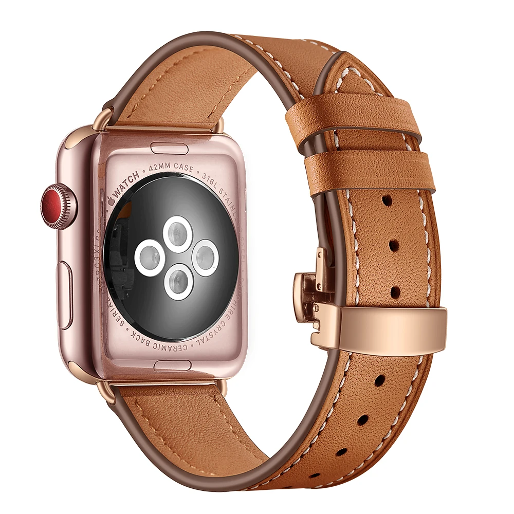 Кожаный ремешок для наручных часов Apple Watch Series 5 4 44 мм 40 мм розовое золото Butterflyclasp ремешок для iWatch, версия 3, 2/42 мм, 38 мм, высокое качество