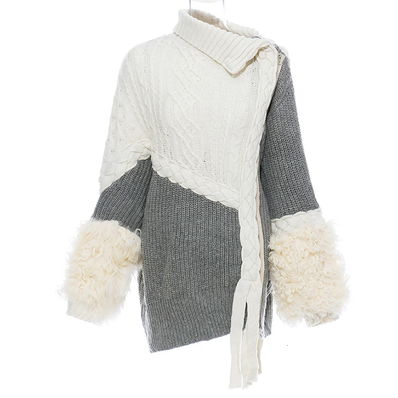 New Fashion Autumn Winter Contrast Color Lapel Long Sleeve Ribbon Zipper Irregular Loose Sweater Woman N746