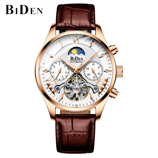 Механические Мужские часы BIDEN Skeleton Tourbillon, автоматические, классические, розовое золото, кожа, механические наручные часы, Reloj Hombre - Цвет: leather brown