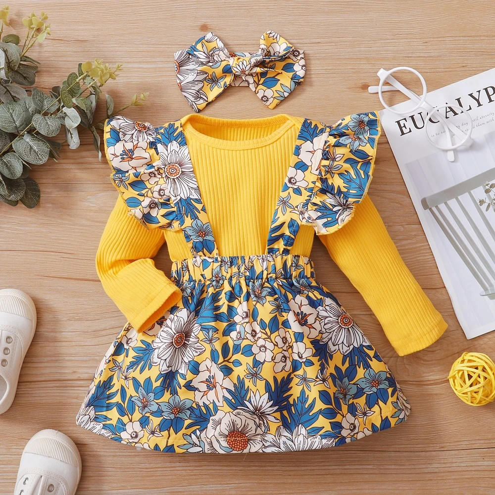 baby outfit matching set 3Pcs Newborn Dress Baby Girl Dress Romper + Floral Print Suspender Skirt + Headband Long Sleeve Spring AutumnToddler Dress baby shirt clothing set