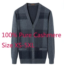 Высококачественный утолщенный чистый кашемир зимний мужской папа v-образный вырез компьютерный вязаный Повседневный Кардиган плед плюс размер XS-5XL