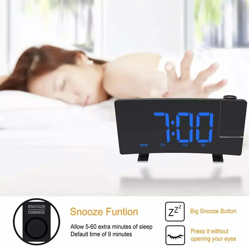 

Alarm clock digital 180 degree projector ceiling dimmer radio battery Noisy alarm clock