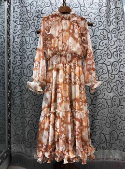 

2019 New Arrival Autumn Fashion Elegant Printed Long Ruffled Printed Chiffon Dress Free Shipping Worldwide