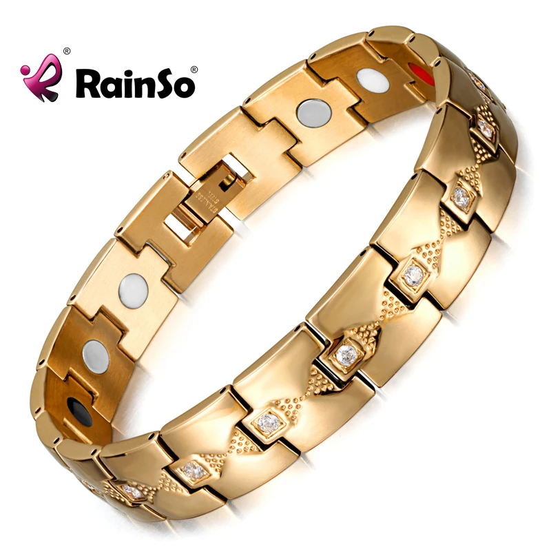 Rainso, модный стиль, нержавеющая сталь, магнитный, 4 в 1, Био энергия, забота о здоровье, золотой циркон, браслеты и браслеты для женщин, хорошее ювелирное изделие