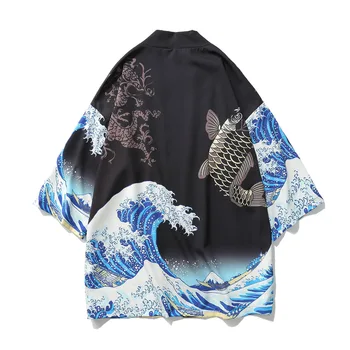 

The Great Wave Off Kanagawa Man Japanese Traditional Orient Ethnic Cardigan Kimono Haori Man Unisex Thin Loose Ukiyo-e Outfits