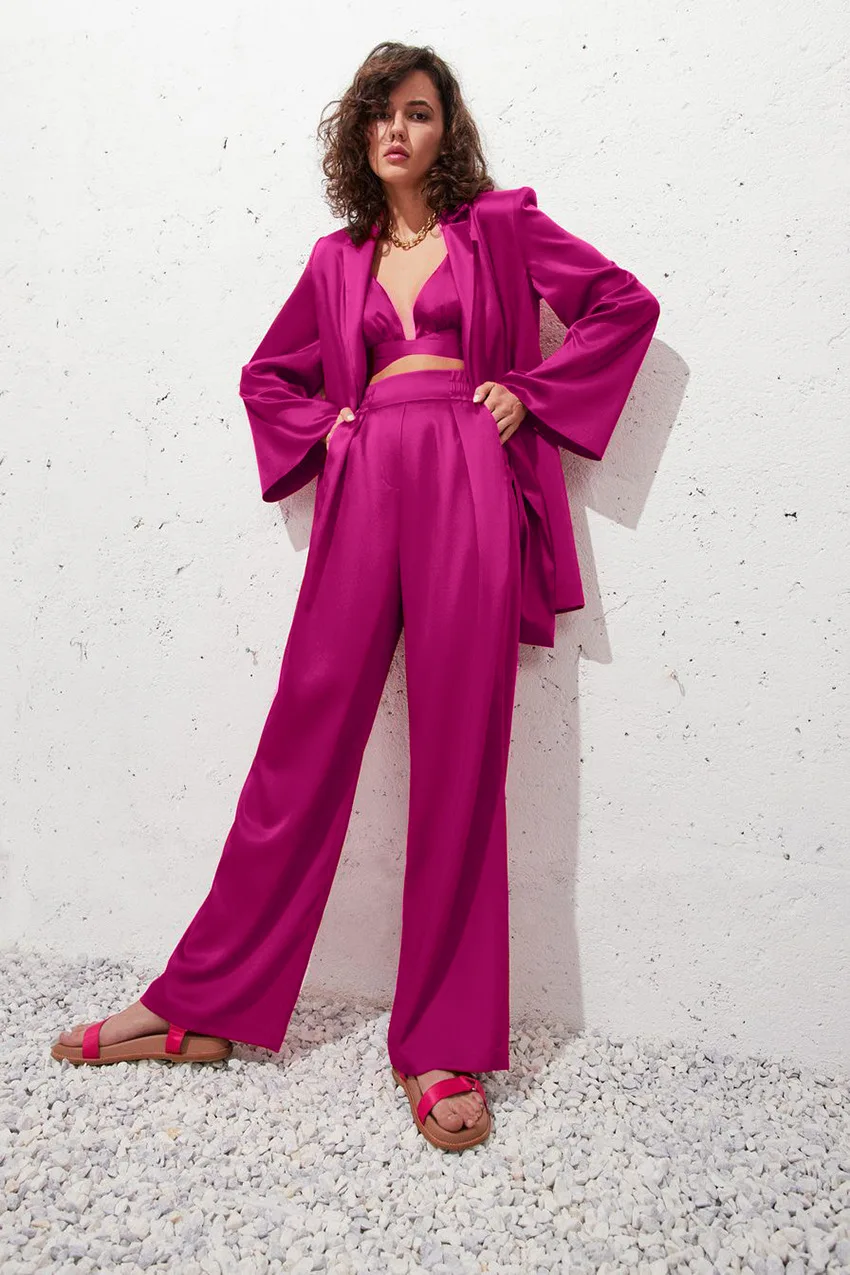 Y2k Sexy Elegant Three Piece Set Women Satin Coat Top With Pants Suit Fashion Chic Casual Autumn Streetwear Female 3 Piece Sets womens white suit set