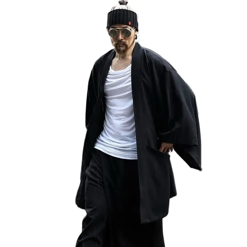 Men's jacket spring autumn new style long loose cardigan men's casual kimono Japan and Korea kimono Yamamoto wind korea style anti germs wind resistant and anti dust conjoined cap epidemic prevention bucket hat