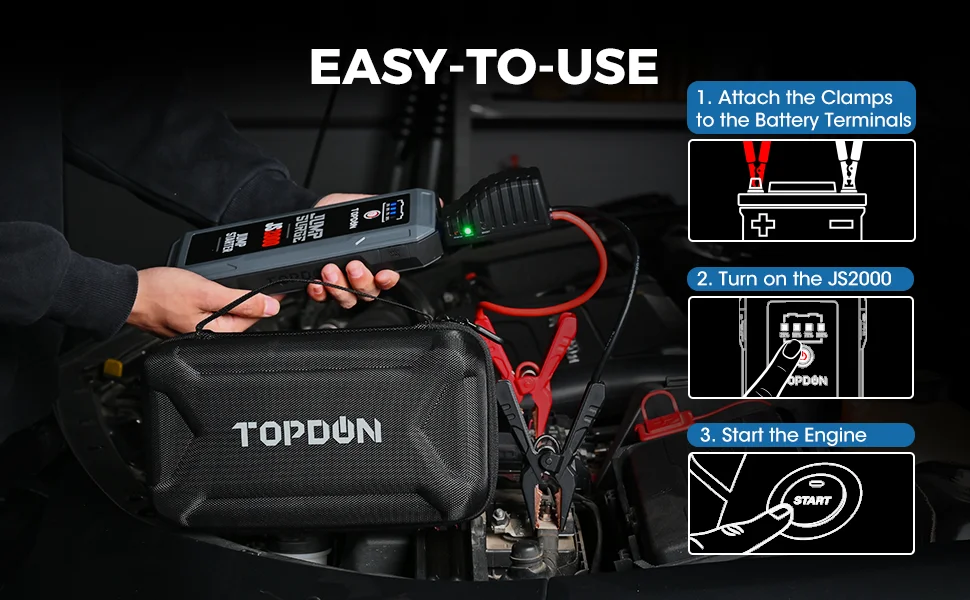 TOPDON 2000A Jump Starter 12V Car Jump Start 16000Mah Power Bank&Batterij Tester Launcher Auto Fast Starting Device JS2000TOPDON 20800mAh Car Jump Starter V2000 12V 2000A Peak Portable Emergency Starter Wireless Charge Power Bank Car Booster Starter Device Accumulator Battery portable jump starter