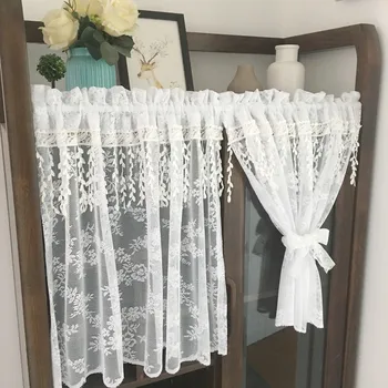

White Half Curtain Flower Embroidery Coffee Pure Yarn Willow Lace Short Curtain for Bar Kitchen Cabinet Door Children's Room