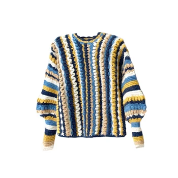 

European Fashion Striped Knit Pullovers 2020 Autumn Winter Newest Long Lantern Sleeve Vintage Warm Wool Sweaters