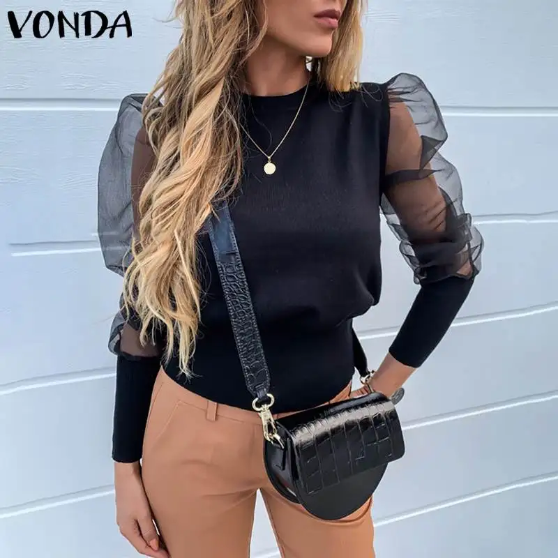 VONDA, Женские базовые свитера, Повседневные свитера с круглым вырезом и длинным рукавом, рубашки, хлопковые свободные открытые блузы размера плюс