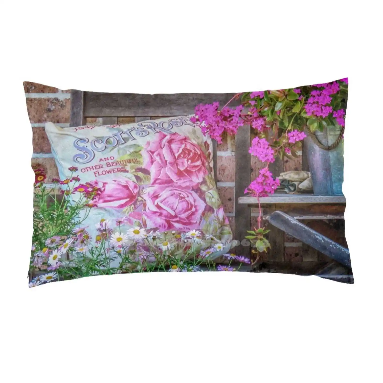 Happy Place Fashion Pillow Cover Rettangolo Federa Wallaroo Cottage Portico Veranda Fiori Rose Seat Bench Cottage Pot Plants
