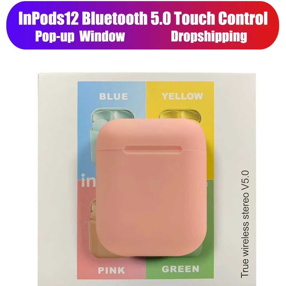 Беспроводные bluetooth 5,0 наушники Macaron наушники 12 tws стерео зарядка bluetooth гарнитура handsfree Беспроводные наушники с Чехол - Цвет: i12D pink   BOX