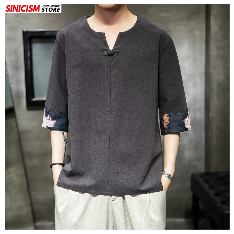 Sinicism Store 2020 Men Cotton Linen Buckle TShirts Summer Loose Vintage T Shirt Male Fashion Chinese Style T-shirt Oversize | Мужская