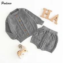 Зимняя Модная трикотажная одежда для девочек, теплая однотонная куртка с длинными рукавами на пуговицах для новорожденных 0-24 месяцев, комплект со штанами и шортами, комплект из 2 предметов