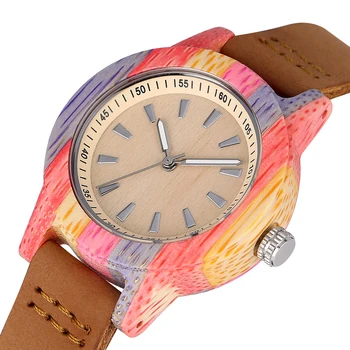 

Colorful Bamboo Wood Watch Woman Quartz Analog Genuine Leather Handmade Wooden Wristwatch Luminous Pointers zegarek damski