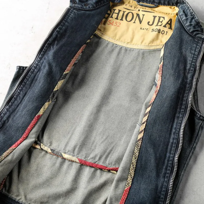 

Spring Summer Sleeveless Denim Coat Men Vintage Work Zipper Jacket Street Style Stand Collar Slim Cowboy Biker Vest 3XL