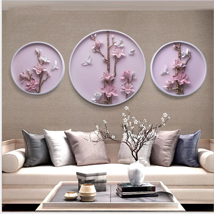 

Luxury 3D Stereo Embossed Wall Hanging Round Painting Flowers Resin Crafts Decor Home Room Sofa Wall Sticker TV Background Mural