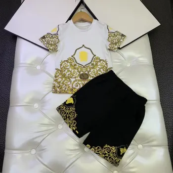 

2020 Summer Cotton White Top +Black Shorts Clothing Set For Boy&Girl Kids Cotton Golden Flower Clothing Set For Children
