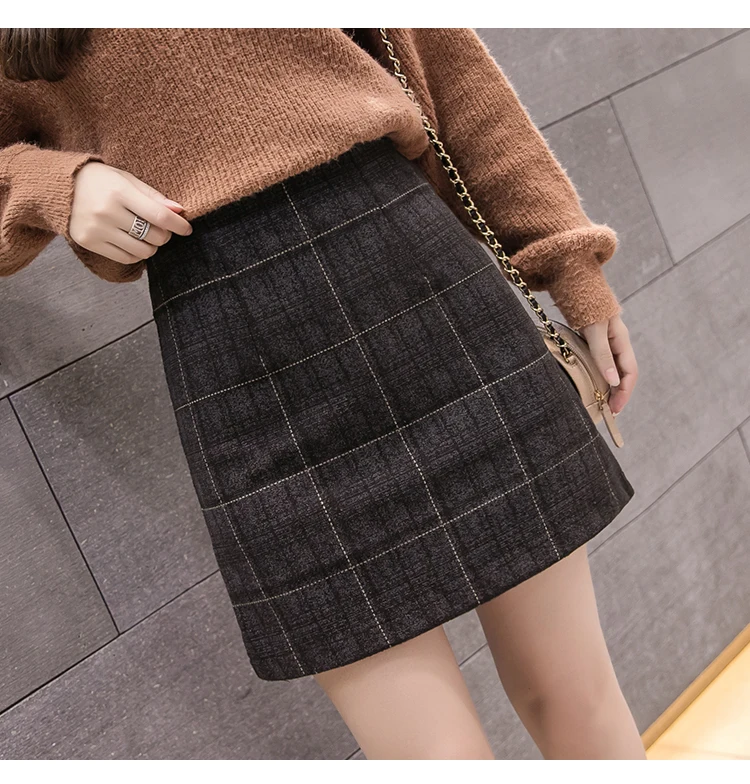 Новые осенние шерстяные клетчатые юбки женские в Корейском стиле с высокой талией трапециевидная мини-юбка Повседневная Зимняя шерстяная Jupe Femme