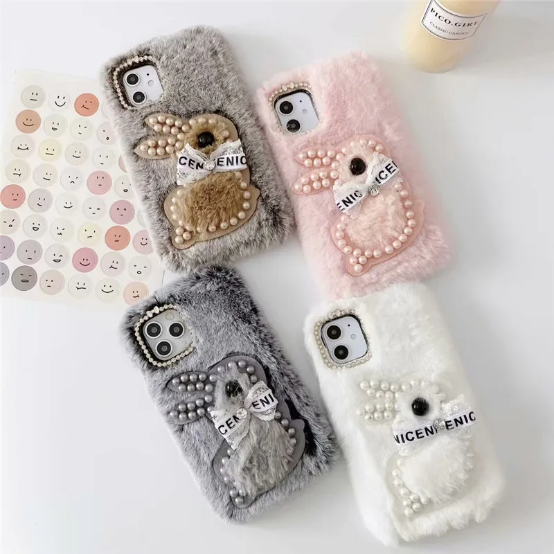 新款珍珠兔子小熊毛绒手机壳 (8)