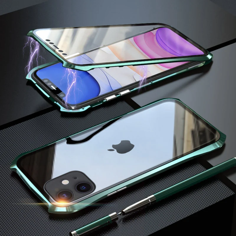 Double Sided Glass Magnetic Case For Apple iPhone 11 Pro Max Magnet Case Luxury Aluminum Metal Bumper 360 Protective Cover Coque