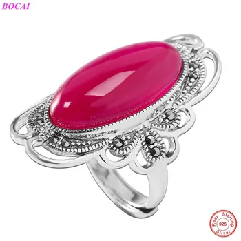 

BOCAI S925 Sterling Silver female rings Marcasite chalcedony garnet corundum women's Thai silver personality fashion ring