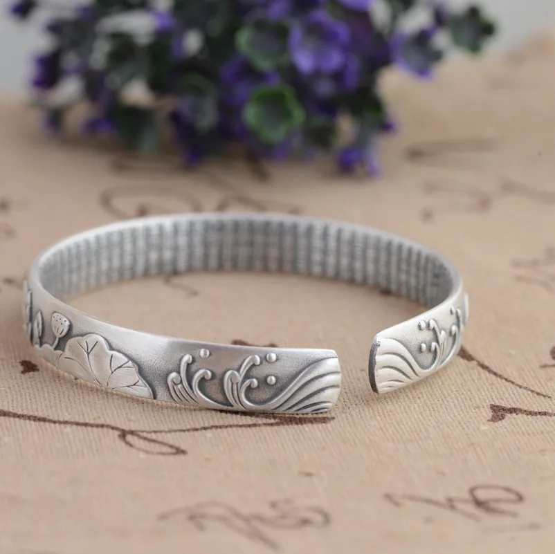 

ESSDCW Pure 990 Silver Antique Craft Female Lotus Flowers Bloom Rich Bracelet Buddhist Heart Sutra Thai Silver Bangle Best Gift