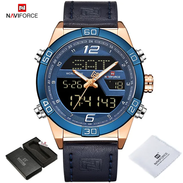NAVIFORCE Luxury Gold Watches For Men Leather Band Waterproof Digital Alarm Sport WristWatch Man Military Dual Time Quartz Clock RGBEBE BOX