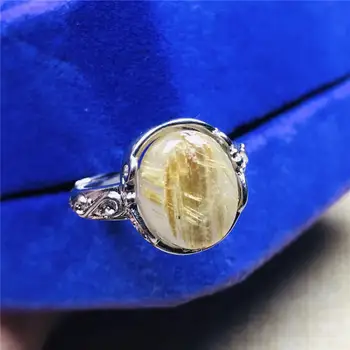 

13x9mm Top Natural Gold Rutilated Quartz Crystal Adjustable Size Ring For Woman Man 925 Silver Sterling Metal Rings AAAAA
