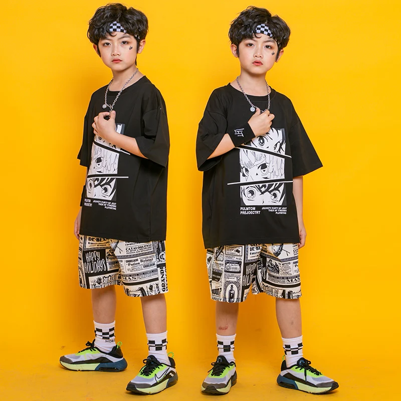

Black Hip Hop Dance Clothes Kids Rave Clothing Summer Street Dancewear Designer Clothes Festival Clothing Stage Costume DL7988