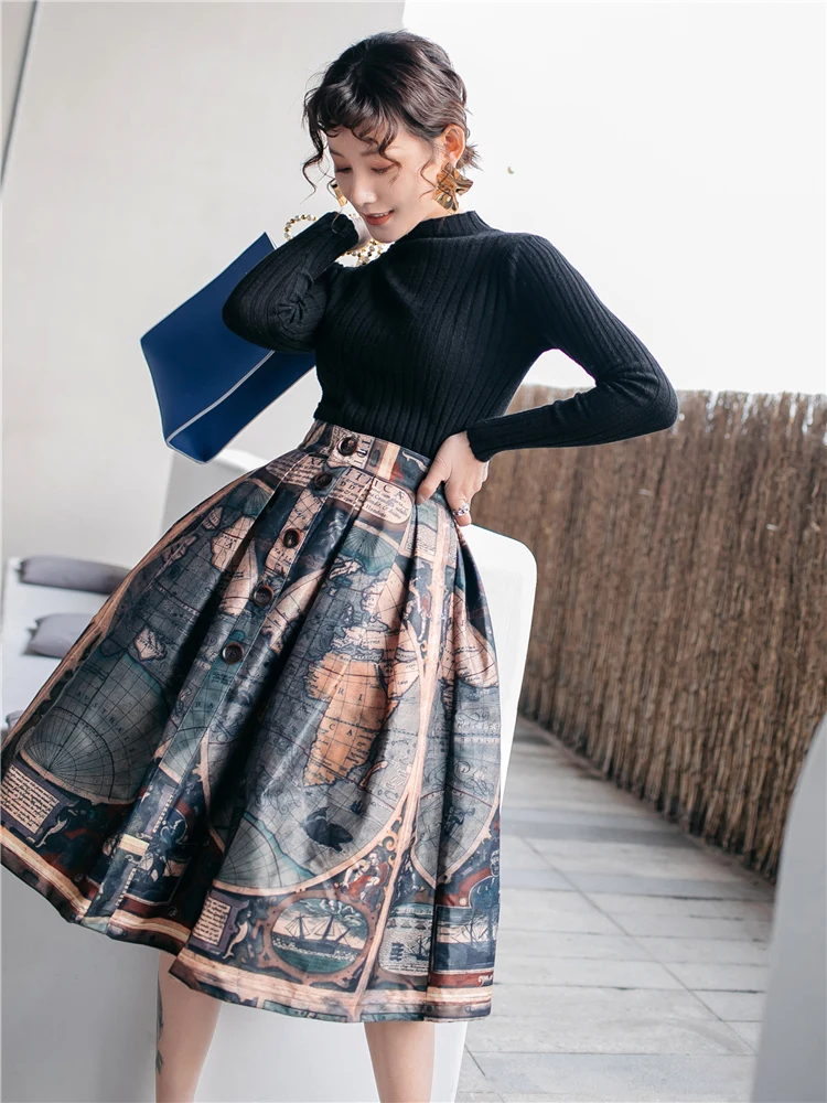 

Retro High Waist Tulle Skirts 2020 spring Women big swing knee length Skirts original design maps print skirts faldas