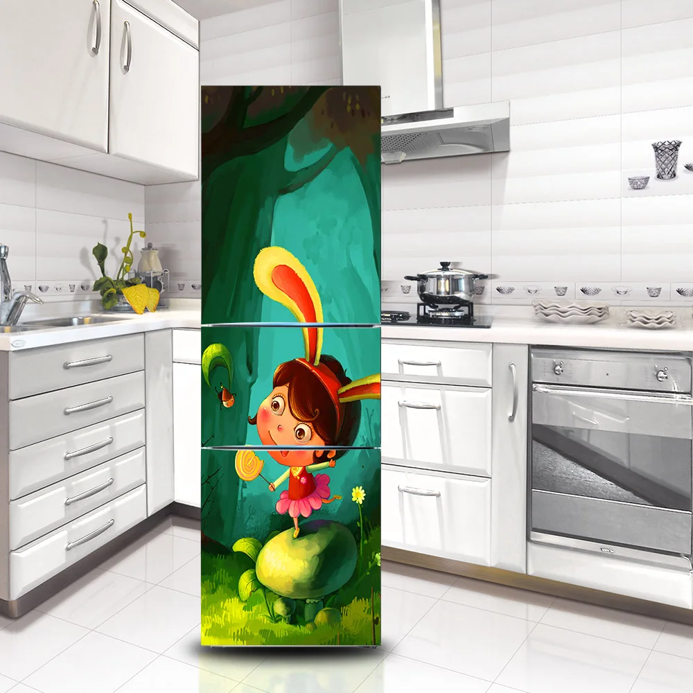 

Free Shipping 3D Cartoon Characters Pattern SelfAdhesive Refrigerator Sticker Fridge Door Cover Wallpaper For Kitchen Home Decor