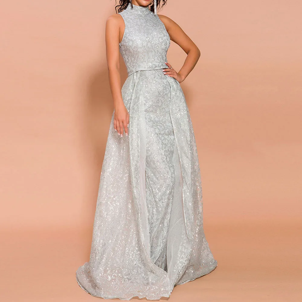 Dressv серебряное длинное вечернее платье с высоким воротом, ТРАПЕЦИЕВИДНОЕ платье без рукавов на молнии, длина до пола, свадебное вечернее платье