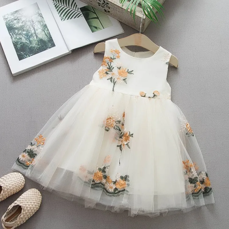 Детское платье для девочек; летние милые однотонные кружевные платья принцессы без рукавов с вышивкой; детская сетчатая одежда
