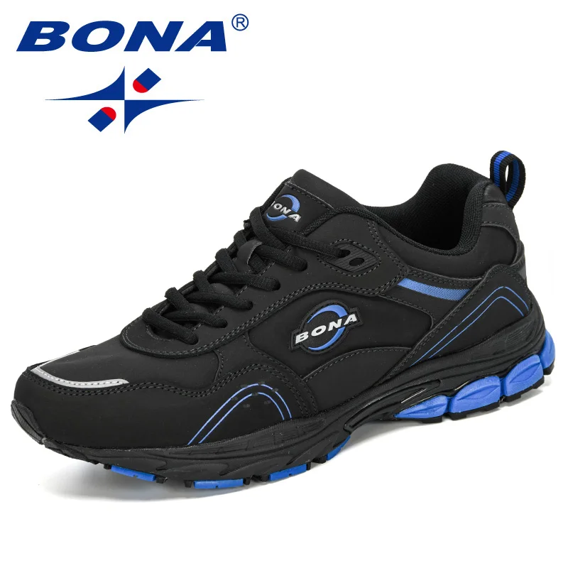 BONA, кожаные кроссовки, мужские кроссовки для бега, уличная прогулочная спортивная обувь, мужские красовки, трендовые беговые кроссовки для тренировок - Цвет: Charcoal grey Rblue